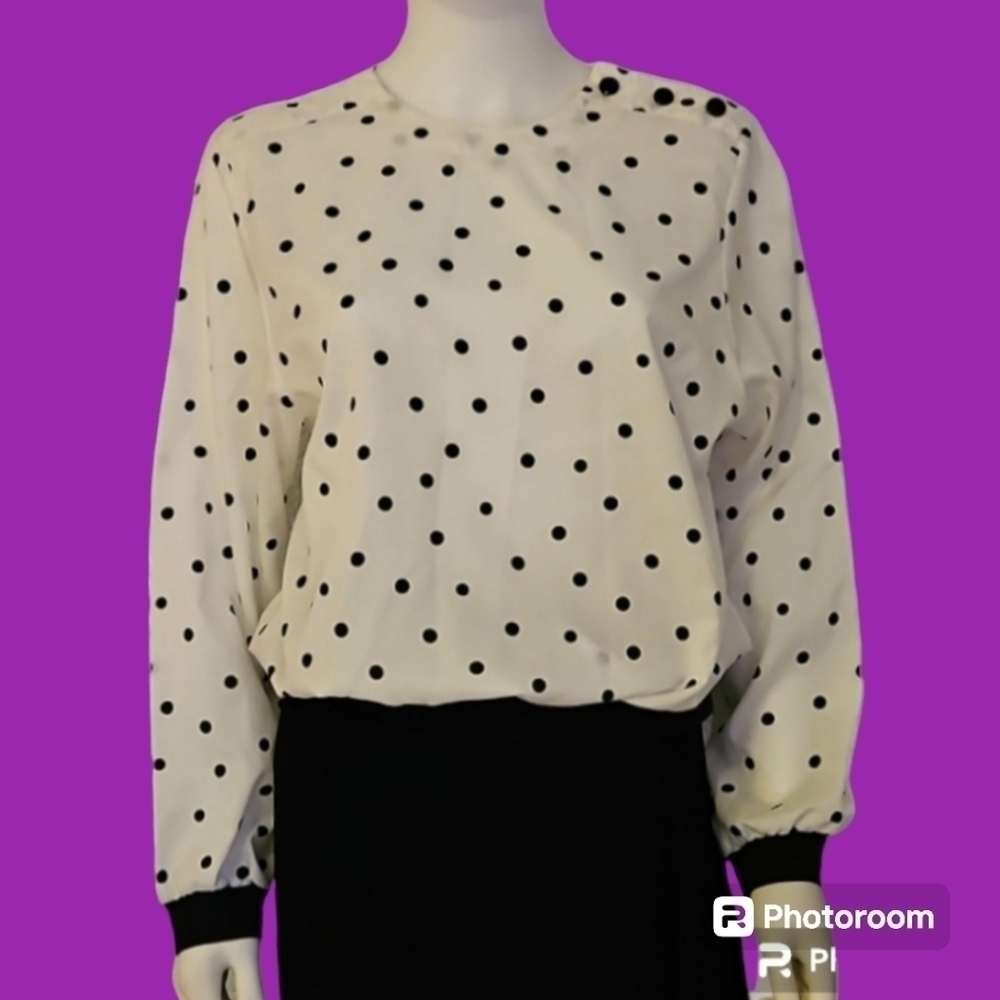 VTG SHAPELY 1980s Monochrome Polka Dot Blouson Oversized Blouse